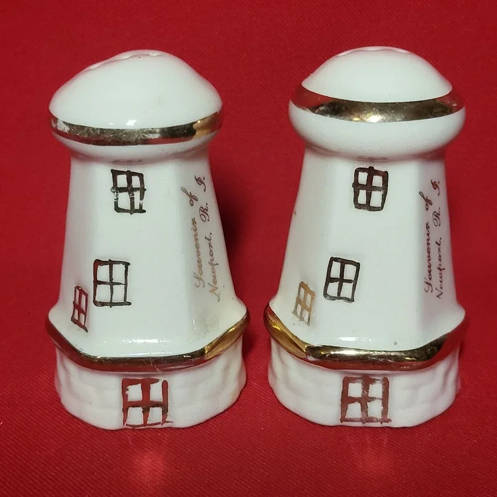 Vintage Lighthouse Salt and Pepper Shaker Gold Trim Set of 2
